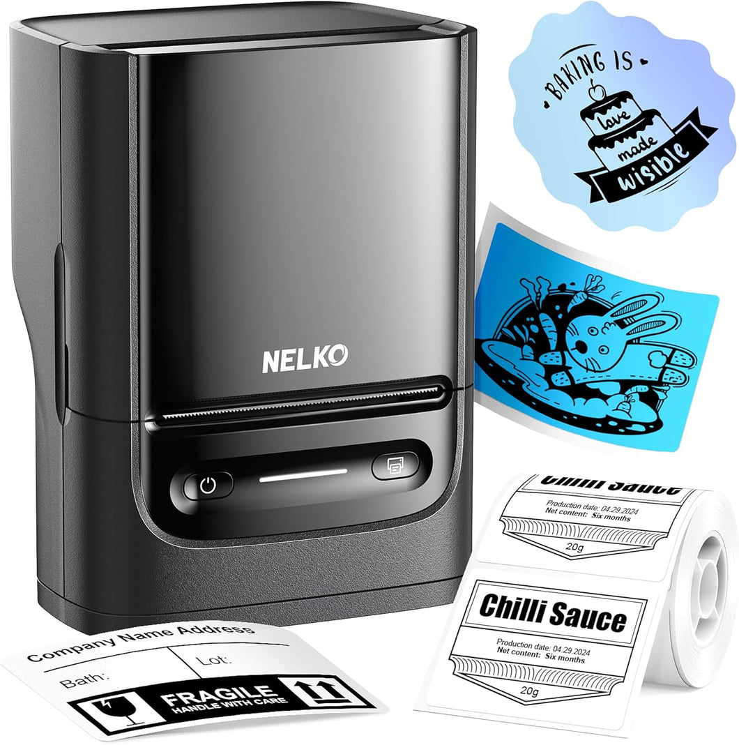 Nelko Label Maker Machine with Tape, PM220 Bluethooth Label Printer, 2 Inch Portable Thermal Printer for Small Business, Address, Logo, Clothing, Sticker Printer for Phones & PC, Black